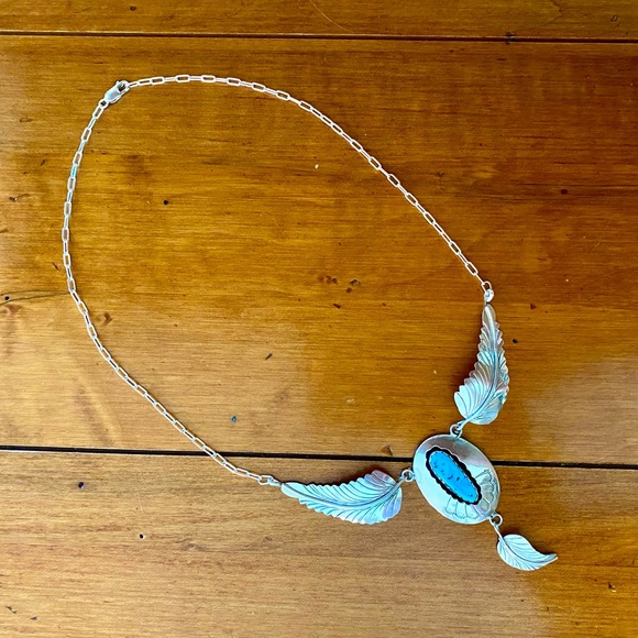 Native Jewelry - Native American Sterling Silver and Turquoise Feather Necklace